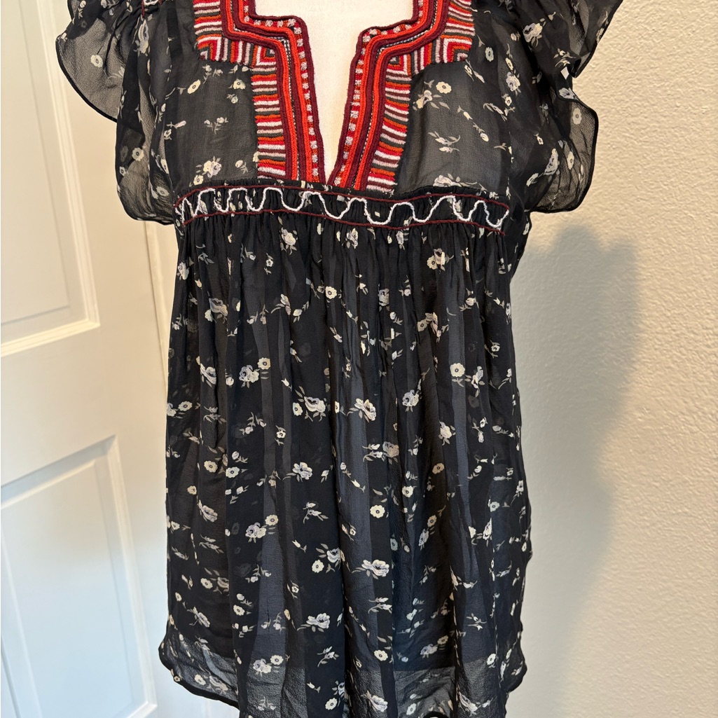 Ulla Johnson Black Blouse With Red And White Floral Pattern
